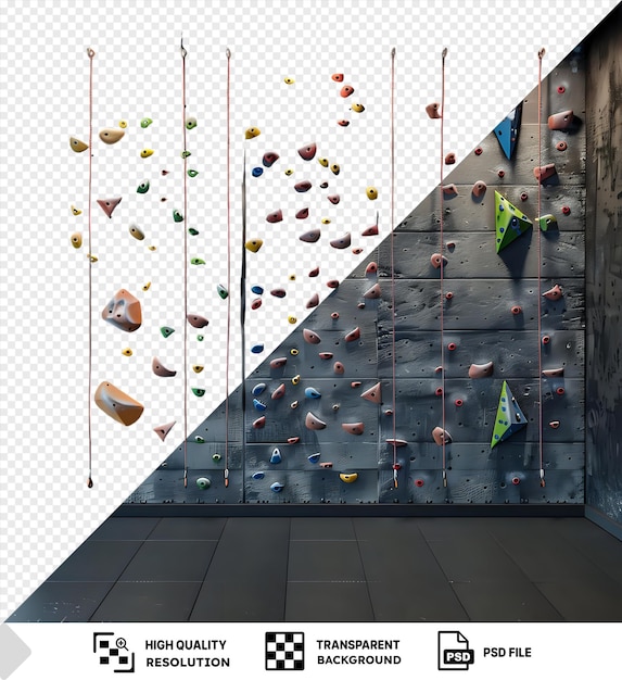 PSD colorful climbing holds mounted on a gray wall with a transparent background