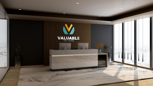 colorful company wall logo mockup in the office receptionist or front desk