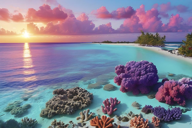 PSD colorful coral reefs with sunlight shining through the turquoise waters