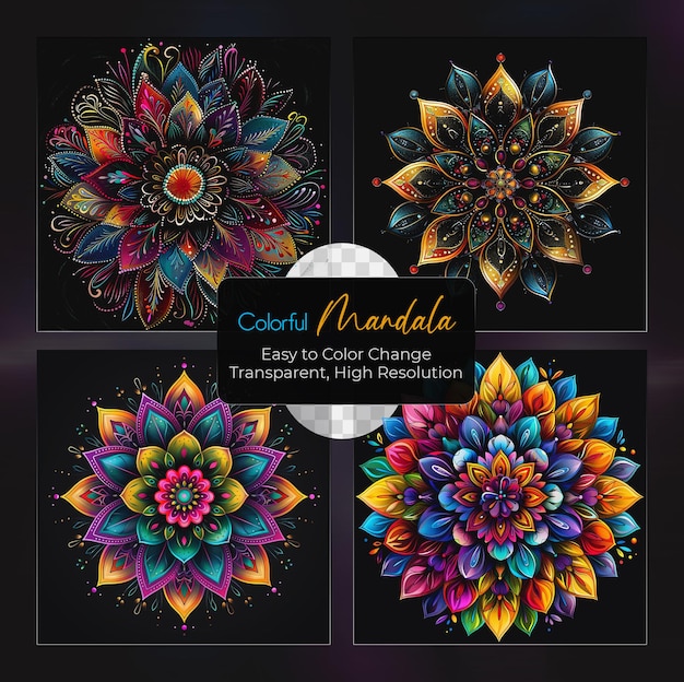 PSD colorful decorative mandala set on transparent background