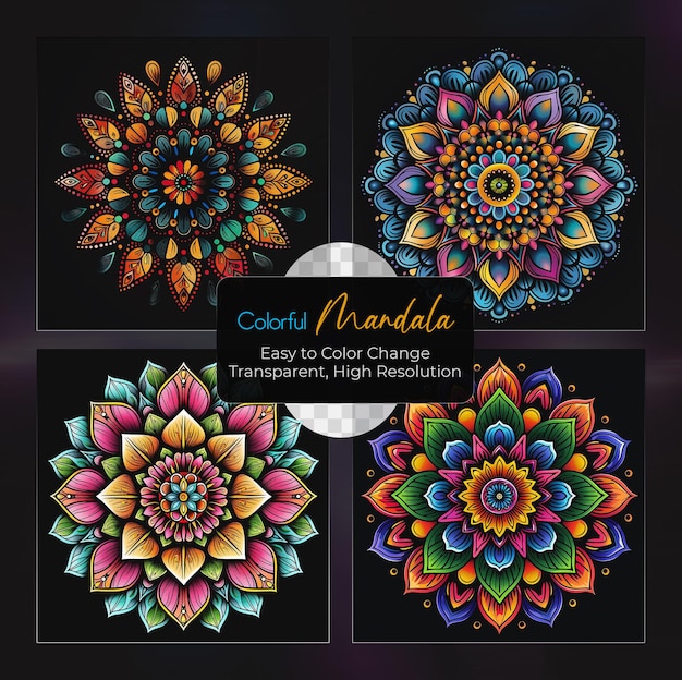 PSD colorful decorative mandala set on transparent background