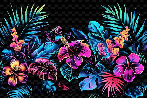 a colorful design of flowers and leaves on a black background