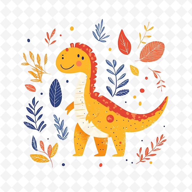 a colorful dinosaur with a leaf on it and a picture of a dinosaur on the wall