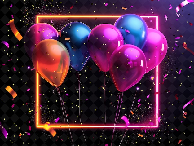 PSD a colorful display of balloons with a pink frame and a pink frame with confetti on it