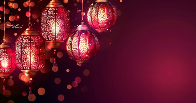 a colorful display of red and gold lanterns with a dark background