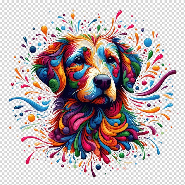 a colorful dog with colorful spots and splashes of paint