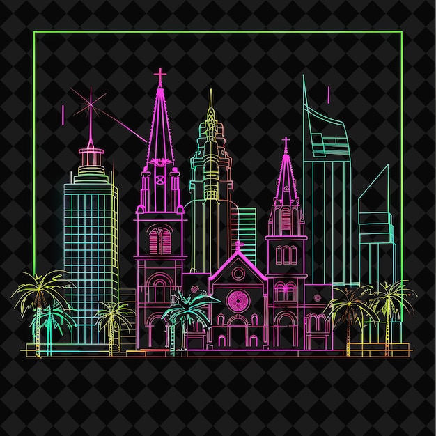 PSD a colorful drawing of a church with palm trees and a building with a green background