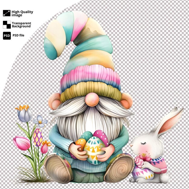 Colorful Easter Gnome with Bunny Holding Decorated Eggs High Quality PSD