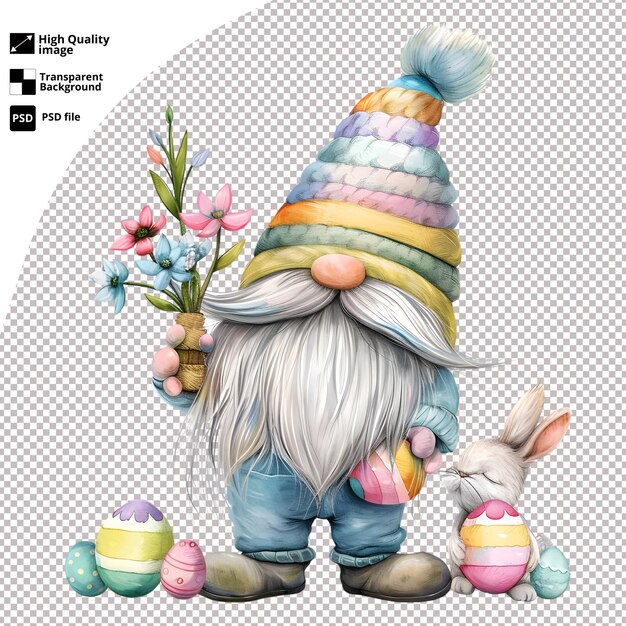 PSD colorful easter gnome with bunny holding decorated eggs high quality psd