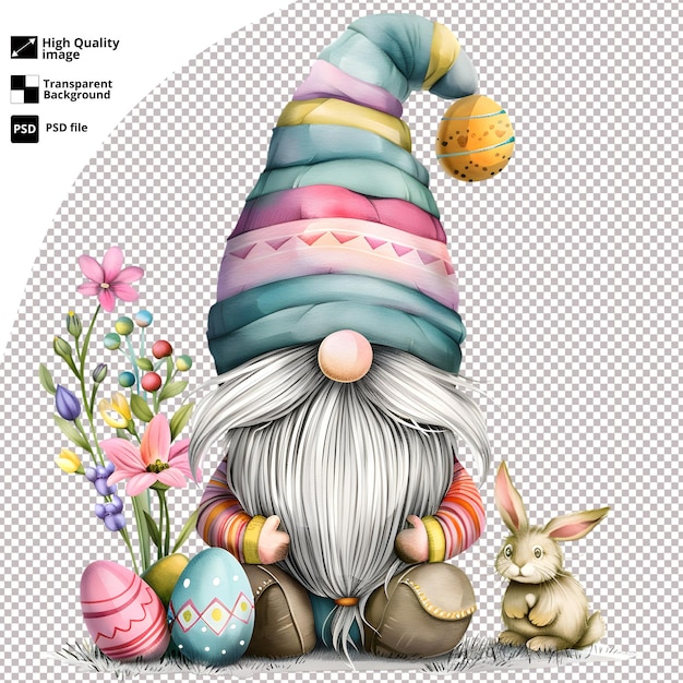 PSD colorful easter gnome with bunny holding decorated eggs high quality psd