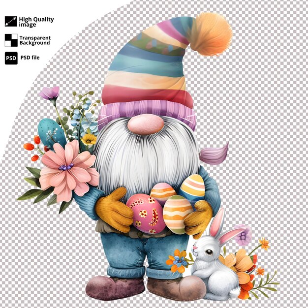 PSD colorful easter gnome with bunny holding decorated eggs high quality psd