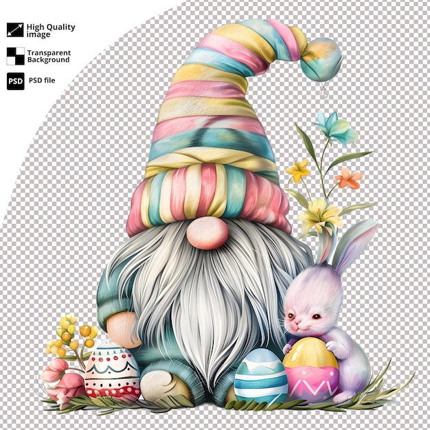 PSD colorful easter gnome with bunny holding decorated eggs high quality psd