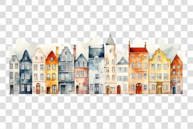 Colorful European townhouses watercolor