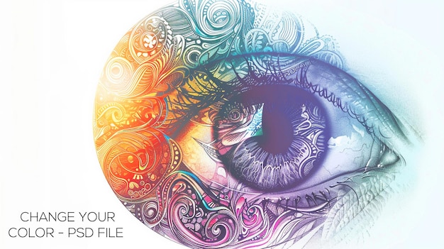 PSD a colorful eye with wavy eyelashes and flowing patterns of white pink blue green yellow purple