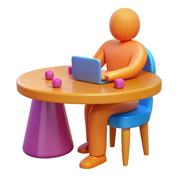 a colorful figure sits at a table with a laptop on it