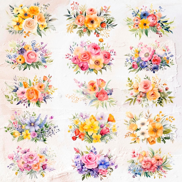 PSD colorful floral watercolor bouquet collection