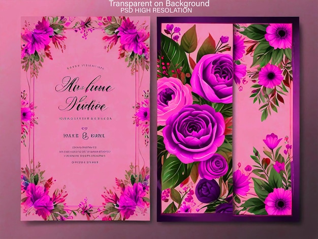 PSD colorful floral wedding invitation card template in red smart design with a4 size on transparent background