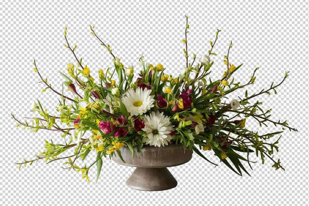 Colorful flower bouquet arrangement centerpiece in wicker basket isolated on transparent background