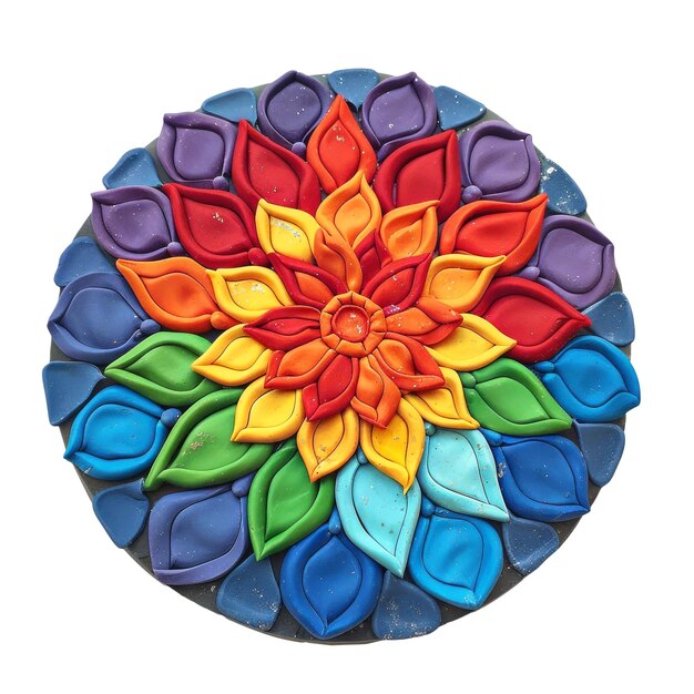 a colorful flower design is on a plate with the colors of the rainbow