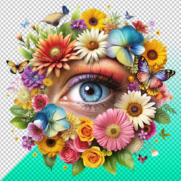 PSD colorful flower with eyes surrounded by butterflies on transperent background