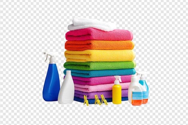 PSD colorful folded towels with cleaning bottles and clothespins isolated on a transparent background