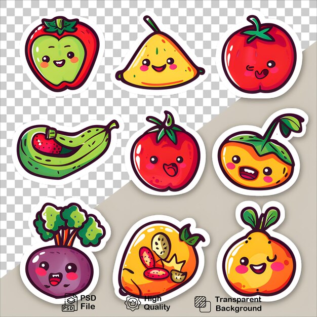 Colorful Fruit and Veggie Stickers on Transparent Background