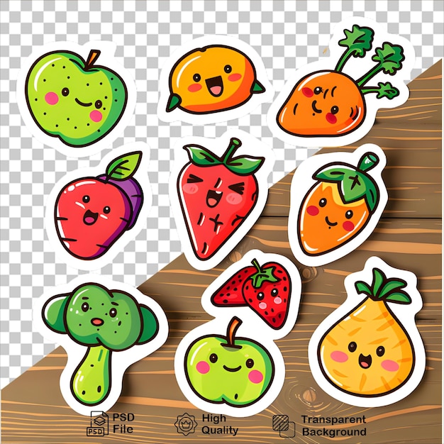 PSD colorful fruit and veggie stickers on transparent background