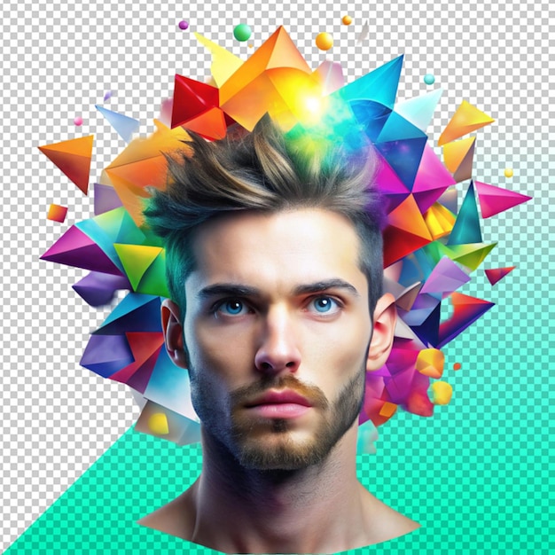 PSD colorful geometric shapes surrounding a men head on transperent background