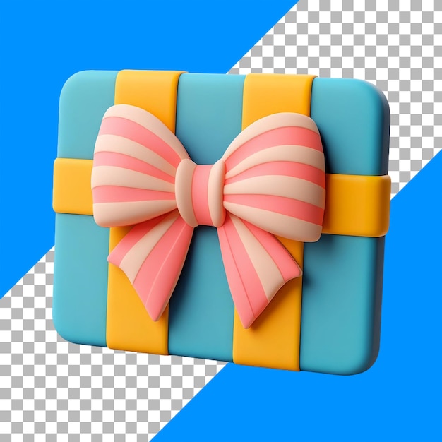 PSD colorful gift box with striped bow on blue and checkered background