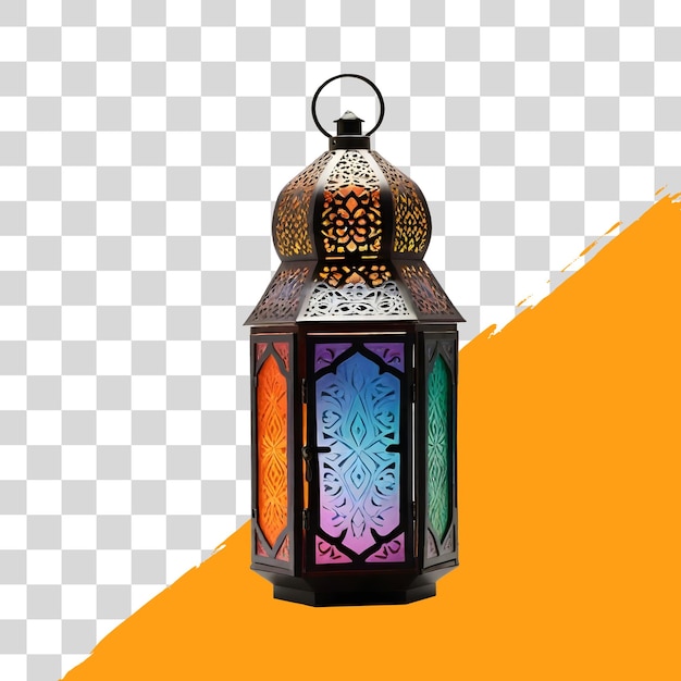 colorful glass Arabic lantern with intricate casting multicolor glow on Transparent background PNG