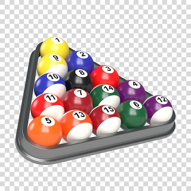 Colorful glossy pool game balls inside billiards triangle isolated on white background 3D render