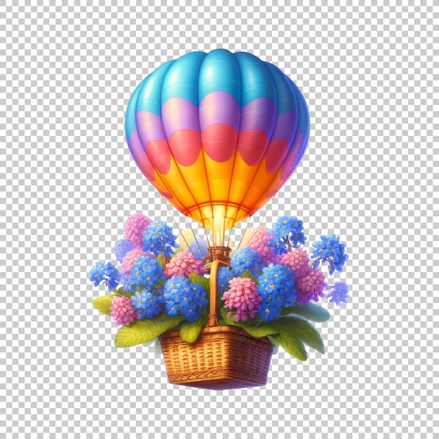 PSD colorful hot air balloon with blue and pink flowers in basket isolated on transparent background