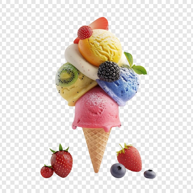 Colorful Ice Cream Cone with Fruit Toppings