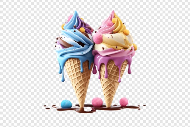 Colorful ice cream cones with sprinkles and dripping toppings isolated on a transparent background