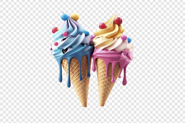 Colorful ice cream cones with sprinkles and dripping toppings isolated on a transparent background