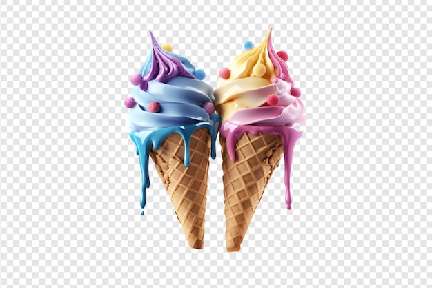 Colorful ice cream cones with sprinkles and dripping toppings isolated on a transparent background