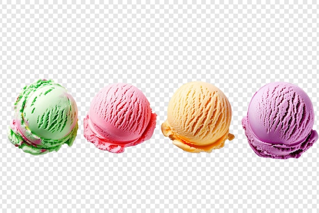 Colorful ice cream scoops with decor isolated on transparent background