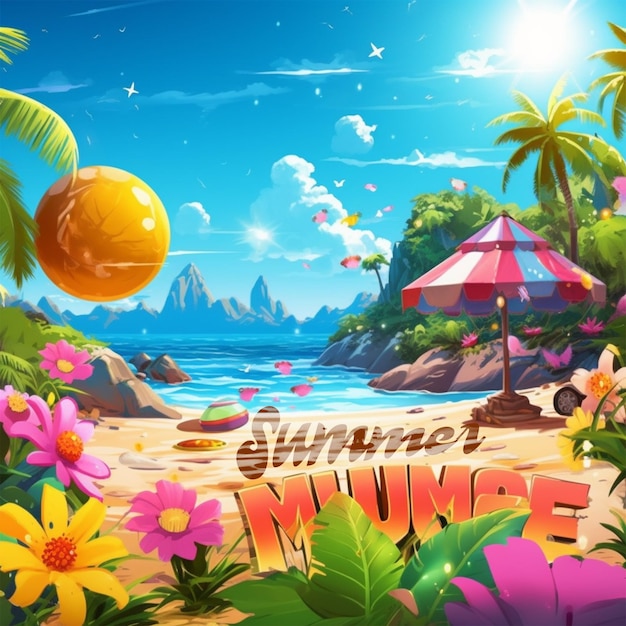 A colorful illustration of a beach with a beach and palm trees and the words summer