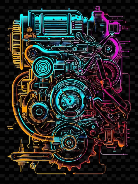 a colorful illustration of a car engine with a colorful background