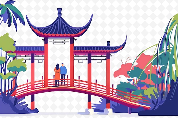 a colorful illustration of a chinese pagoda with a couple walking on a bridge