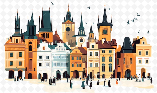 a colorful illustration of a city with a large group of people in front of it