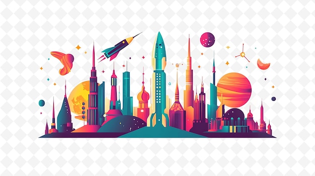 PSD a colorful illustration of a city with a space ship and space shuttle