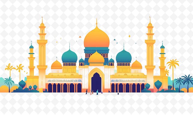 a colorful illustration of a mosque with a man standing in front of it