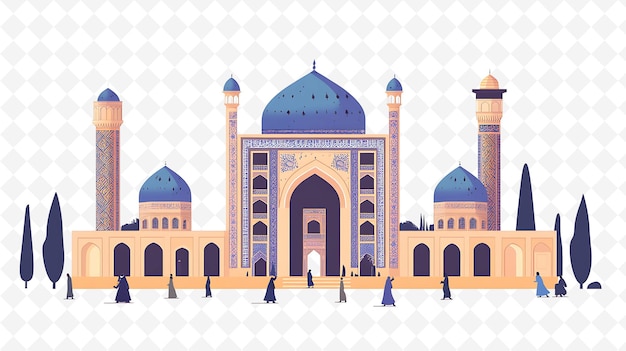 a colorful illustration of a mosque with a pattern of people in front