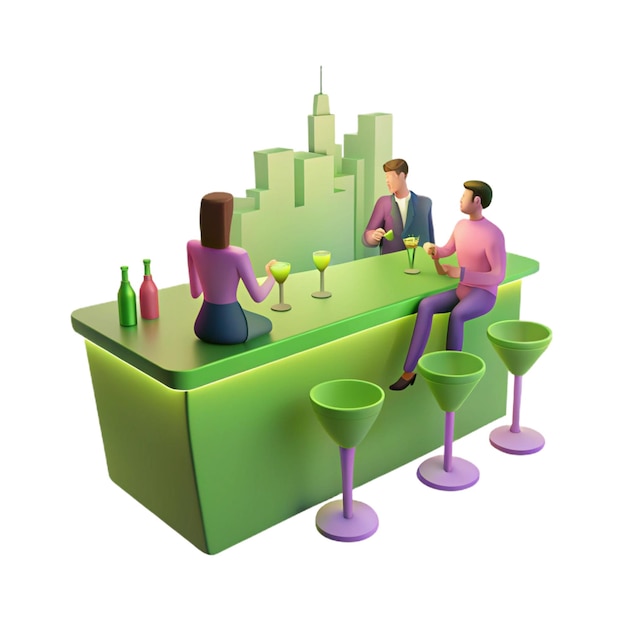 a colorful illustration of people sitting at a bar with a city skyline in the background