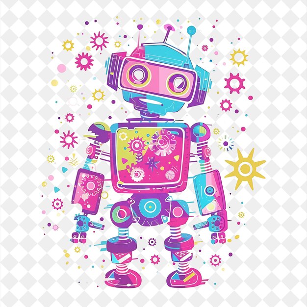 PSD a colorful illustration of a robot with a pink background with colorful stars and a pink robot on it