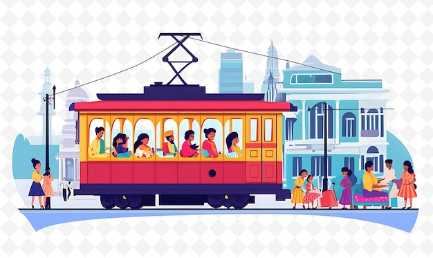 PSD a colorful illustration of a train with people sitting on the ground and a building in the backgroun