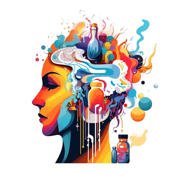 A colorful illustration of a woman's head with a colorful head and a bottle of paint on it.