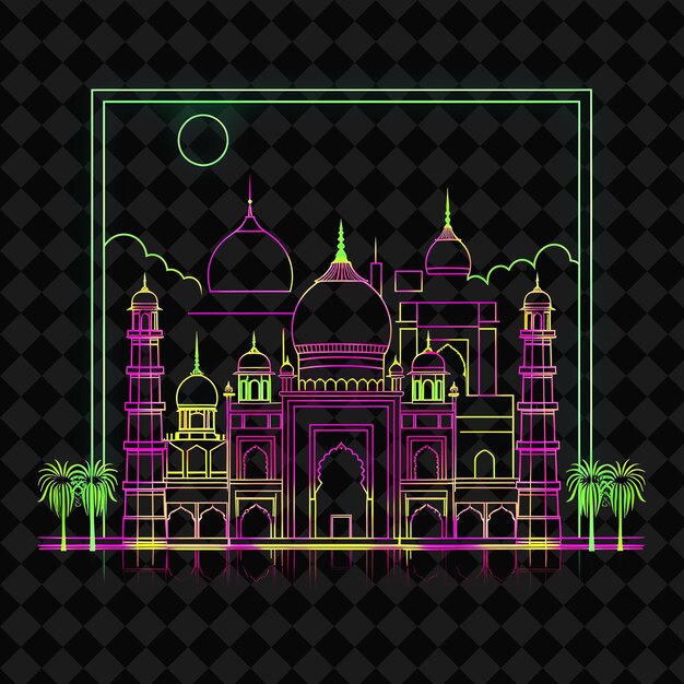 PSD a colorful image of a building with palm trees and a frame with a picture of a mosque