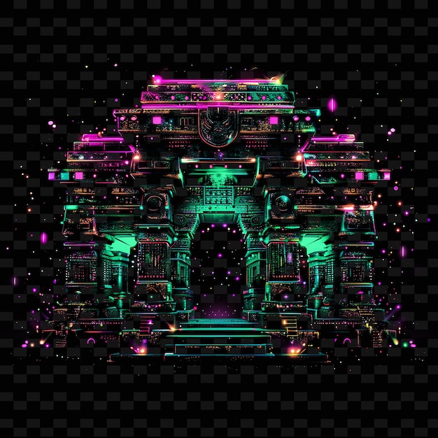 a colorful image of a temple with a green and orange lights